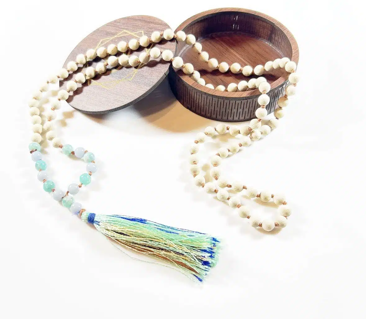 Amazonite Angelite And Whitewood Jap Mala Necklace